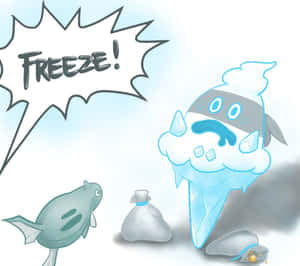 一個冷凍雪糕筒大喊凍結，而一條魚和幾袋冰旁觀。