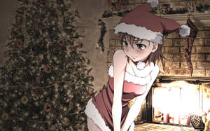 穿著聖誕老人服裝的動漫女孩靠在裝飾好的聖誕樹旁邊的壁爐旁。