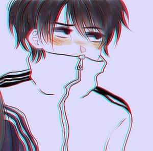 黑髮動漫男孩肖像，穿著條紋連帽衫，帶有紅藍色差效果。 — 動漫男孩 壁紙