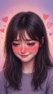 深色頭髮、玫瑰色臉頰的動漫女孩微笑著，周圍漂浮著心形。