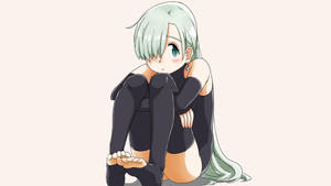 綠色頭髮的動漫女孩穿著黑色衣服蜷縮著，低頭看著。