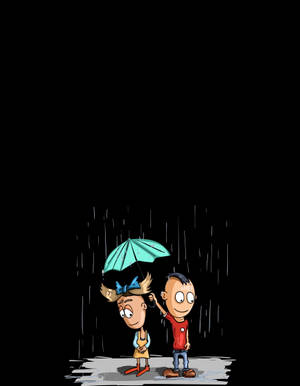 兩個小孩在黑暗背景下的雨中共享一把雨傘。 — 情侶 GIF 壁紙