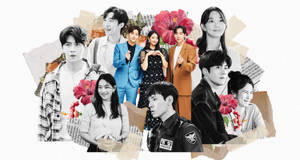 一張韓國演員的拼貼畫，配有紅花和撕紙背景。 — 唐人街 GIF 壁紙