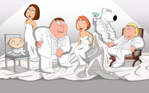Family Guy 角色在白色帷幔舞台上為婚禮打扮。