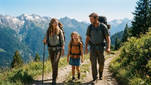快樂的家庭背著背包和登山杖在崎嶇的山地中遠足。