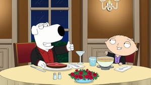 Brian 和 Stewie 在高級餐桌前豎起大拇指，桌上擺著牛排和玫瑰。