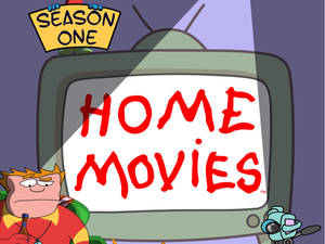 卡通電視顯示「Home Movies」，旁邊有一個脾氣暴躁的角色拿著啤酒瓶。