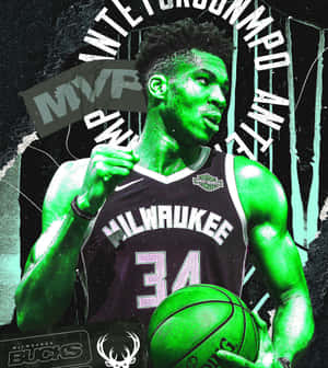 身穿密爾沃基公鹿隊球衣的籃球運動員 Antetokounmpo 在綠色燈光下持球。
