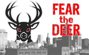 一隻風格化的黑鹿，紅眼聳立在城市天際線上，帶有紅色文字「FEAR the DEER」。
