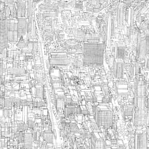 從上方俯瞰密集城市景觀的黑白線條畫。 — 黑白藝術 壁紙