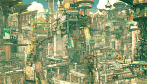 明亮的天空下，未來動畫城市，有疊層建築和霓虹燈招牌。 — 動漫城市 壁紙