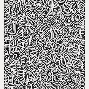 黑白抽象插圖，描繪重疊的卡通人物和形狀。 — 塗鴉 壁紙