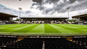 Craven Cottage 足球場，在陰天天空下，綠色草坪和空蕩蕩的看台。