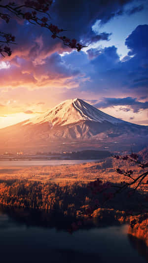 日落時分，富士山以櫻花和寧靜的湖泊為框。