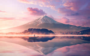 霧湖上小船中的人，黎明時富士山倒映在水中。