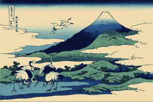 日本木版畫風格，背景有富士山的河邊鶴。
