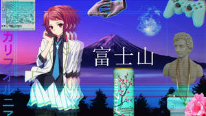 粉紅頭髮的動漫女孩以富士山為背景，帶有故障效果和遊戲物品。