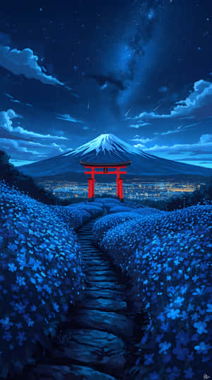 夜晚的紅色鳥居，被藍色花朵環繞，背景有富士山和城市燈光 — 日本 壁紙