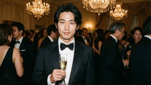 身穿燕尾服的男士在水晶燈下的正式活動中手持香檳杯
