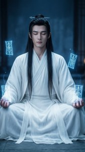一位身穿白色長袍的男子在黑暗的古老環境中冥想，發光的藍色符號漂浮在他的雙手之上。
