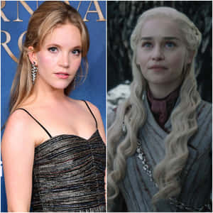 Mackenzie Foy 穿著黑色連衣裙，旁邊是穿著雪地服裝的 Daenerys Targaryen。