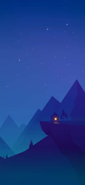 一座舒適的小屋在山崖上，在星空下發光。