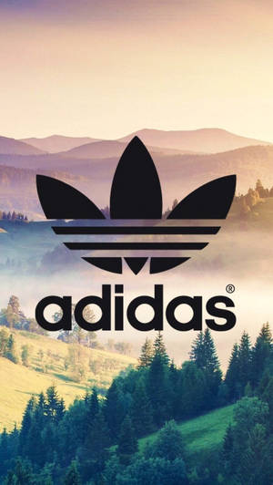 Adidas標誌疊加在日落時分有霧和樹木的山谷上。