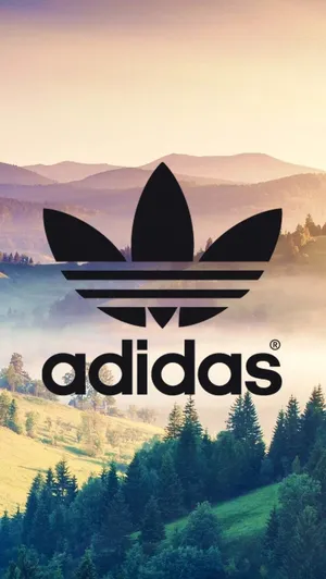 Adidas標誌疊加在日落時分有霧和樹木的山谷上。