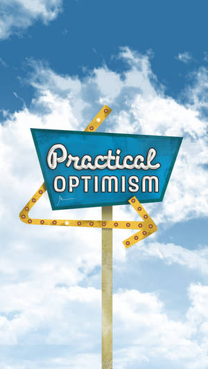 復古標誌，帶有「Practical Optimism」文字和指向右方的黃色箭頭，背景是藍天和白雲。