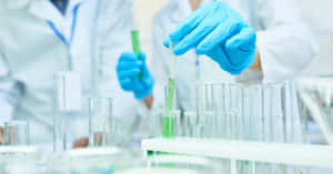 科學家在實驗室中處理試管中的綠色液體