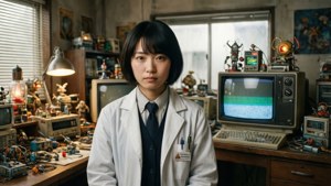 身穿實驗袍的年輕女性在雜亂的工作室中被復古科技設備包圍。