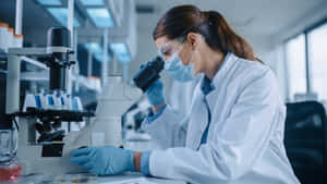 科學家在實驗室中用顯微鏡檢查樣本