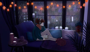 在串燈下的沙發上閱讀的人，夜晚下雨。