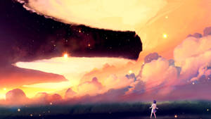 一個小身影在充滿活力的星空下走過田野，漂浮著宇宙雲層。