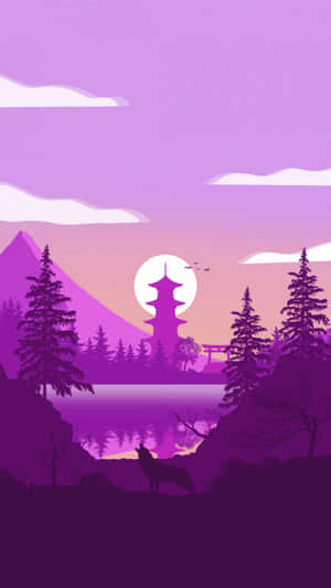 紫色日落中，狼站在湖邊，寶塔和鳥居形成剪影。