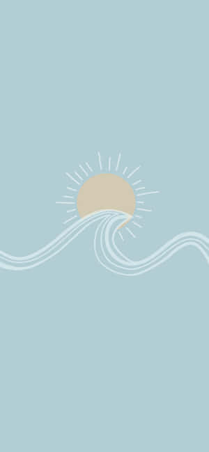 太陽在風格化的海浪上升起，極簡設計。