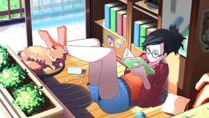 動漫女孩在地板上讀書，貓咪在附近睡覺。 — 動漫女孩 壁紙