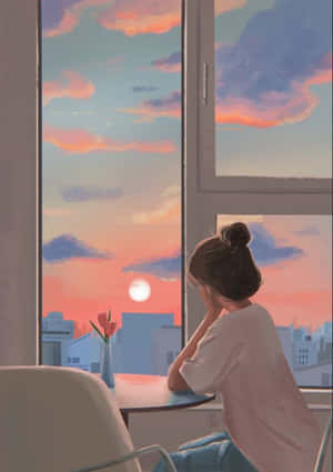 女孩坐在窗邊，觀賞日落，城市上空呈現粉紅、橙、藍色的天空