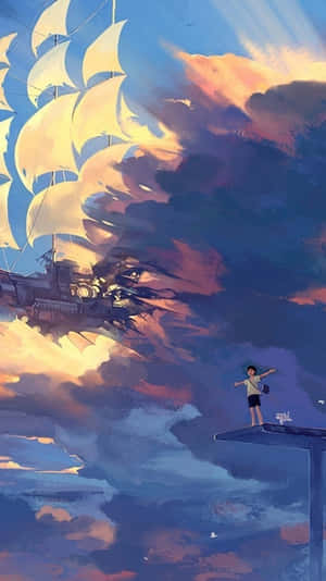 懸崖上的孩子看著巨船在日落時穿過色彩繽紛的雲層航行。 — 雲朵 壁紙