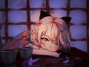 貓耳動漫女孩在昏暗的房間裡將頭靠在靠近茶杯的桌子上。 — 動漫女孩 壁紙