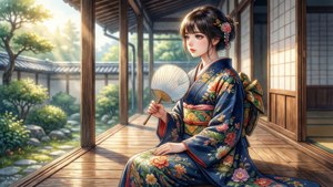 穿著花卉和服的年輕女子在可俯瞰花園的木製陽台上手持扇子。