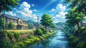 一個和平的動漫村莊，河流流經綠地和傳統房屋，陽光明媚。 — 女神異聞錄4 壁紙