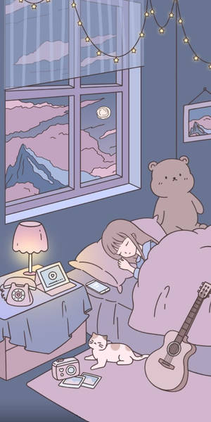 舒適的動漫臥室，有睡著的女孩、貓、結他和夜晚的山景。