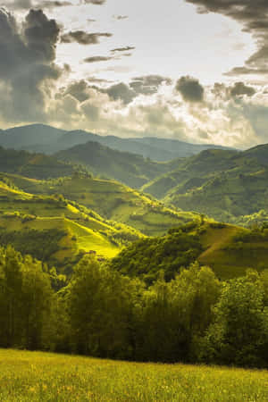 在戲劇性的雲層下，陽光穿透，照亮起伏的綠色山丘和森林。 — 山邊 壁紙