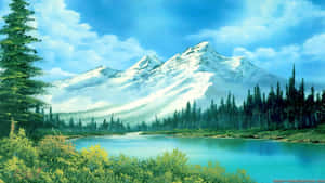 積雪的山峰聳立在寧靜的湖泊後方，周圍環繞著森林。