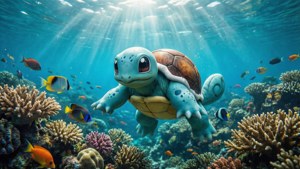 一隻卡通海龜在水中的彩色珊瑚和魚類之間游動。 — 車厘龜 壁紙