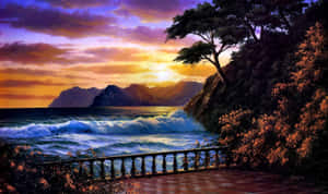 海岸日落，海浪拍打懸崖，石頭露台上有一棵樹。 — 氛圍 GIF 壁紙