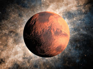 紅色行星火星漂浮喺充滿星星嘅星雲同宇宙塵埃中。