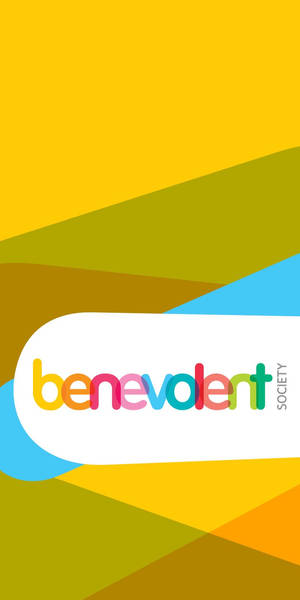 色彩繽紛的幾何背景，白色橢圓形內有 benevolent society 標誌。