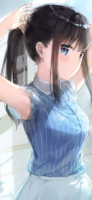 動畫女孩在窗邊將頭髮綁成馬尾。 — OnePlus R 壁紙